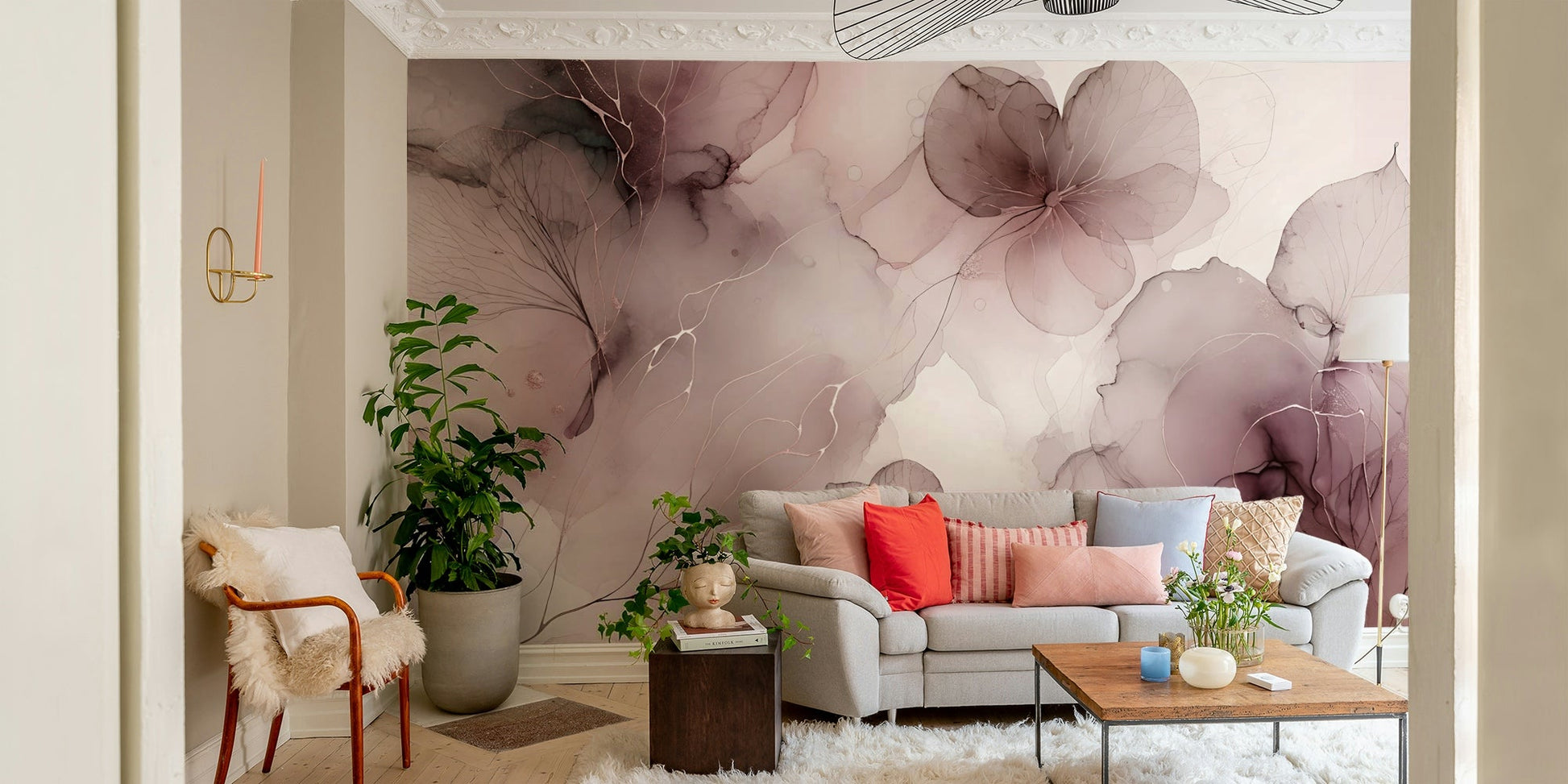 Lush green botanical accents on blush wall mural

