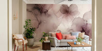 Lush green botanical accents on blush wall mural

