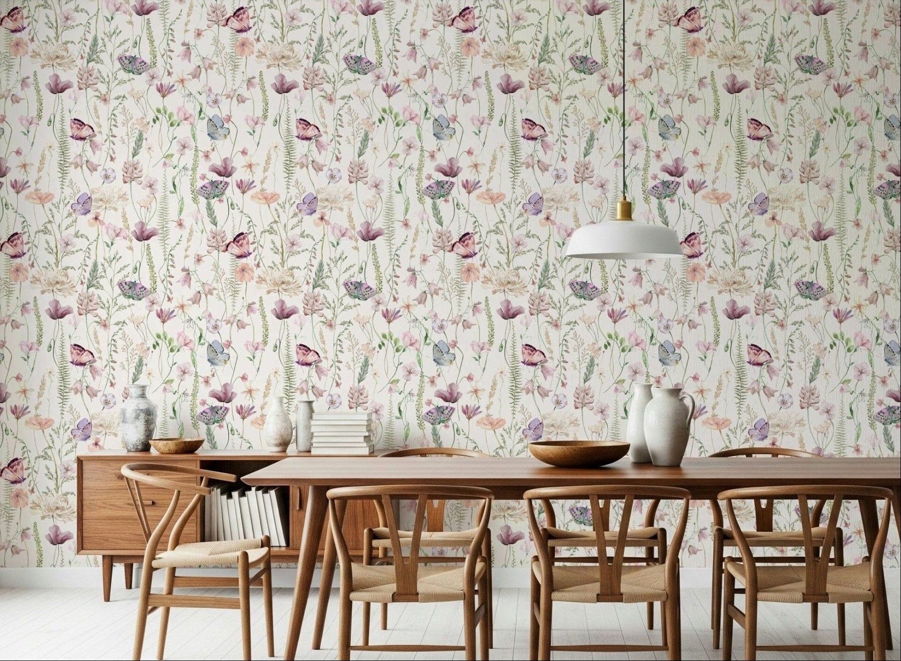 Enchanting meadow scene blush tones wall Blush Butterfly Meadow.