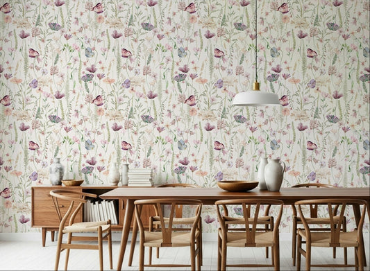 Enchanting meadow scene blush tones wall Blush Butterfly Meadow.