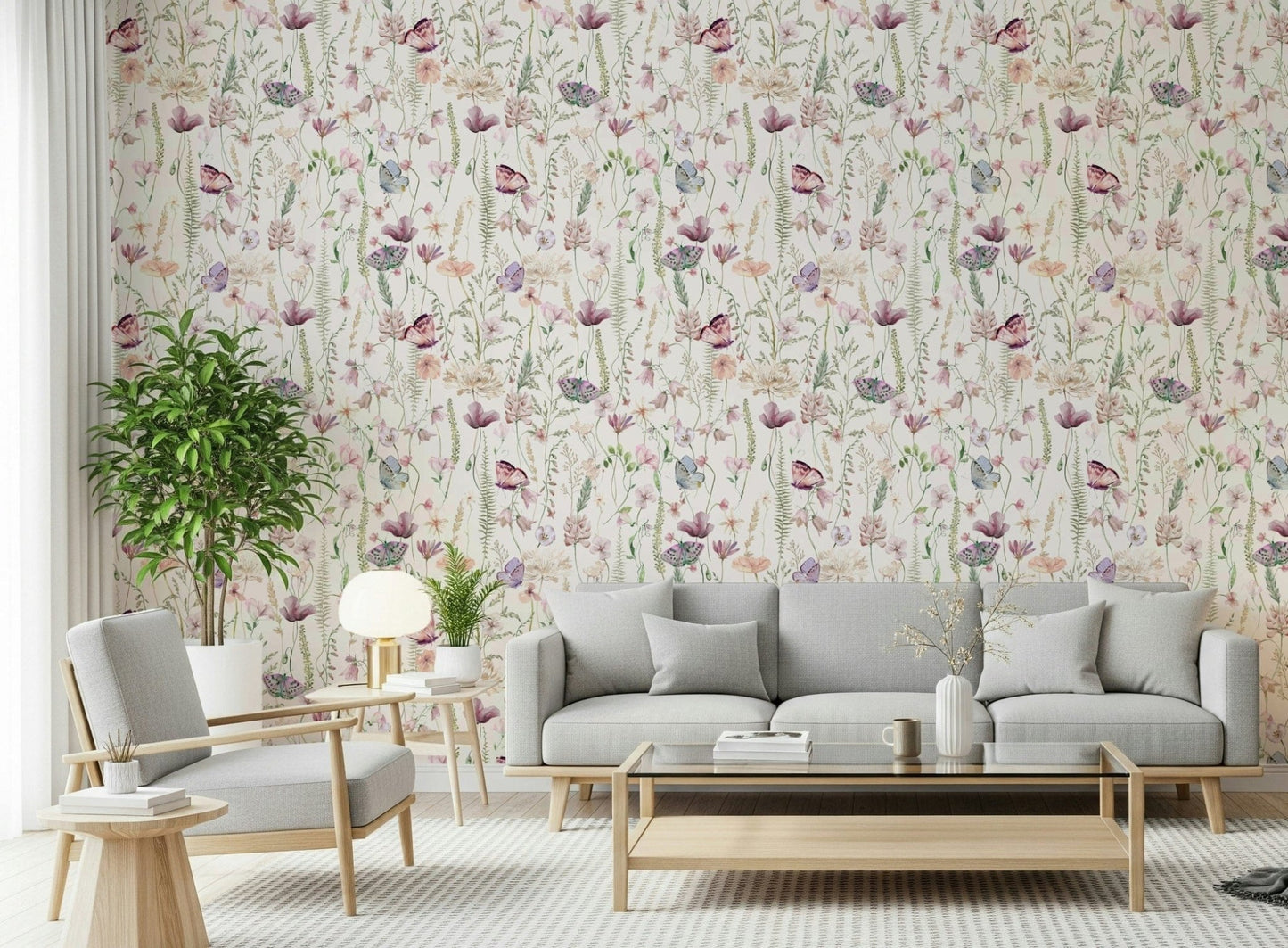 Blush Butterfly Meadow removable peel and stick wallcovering.