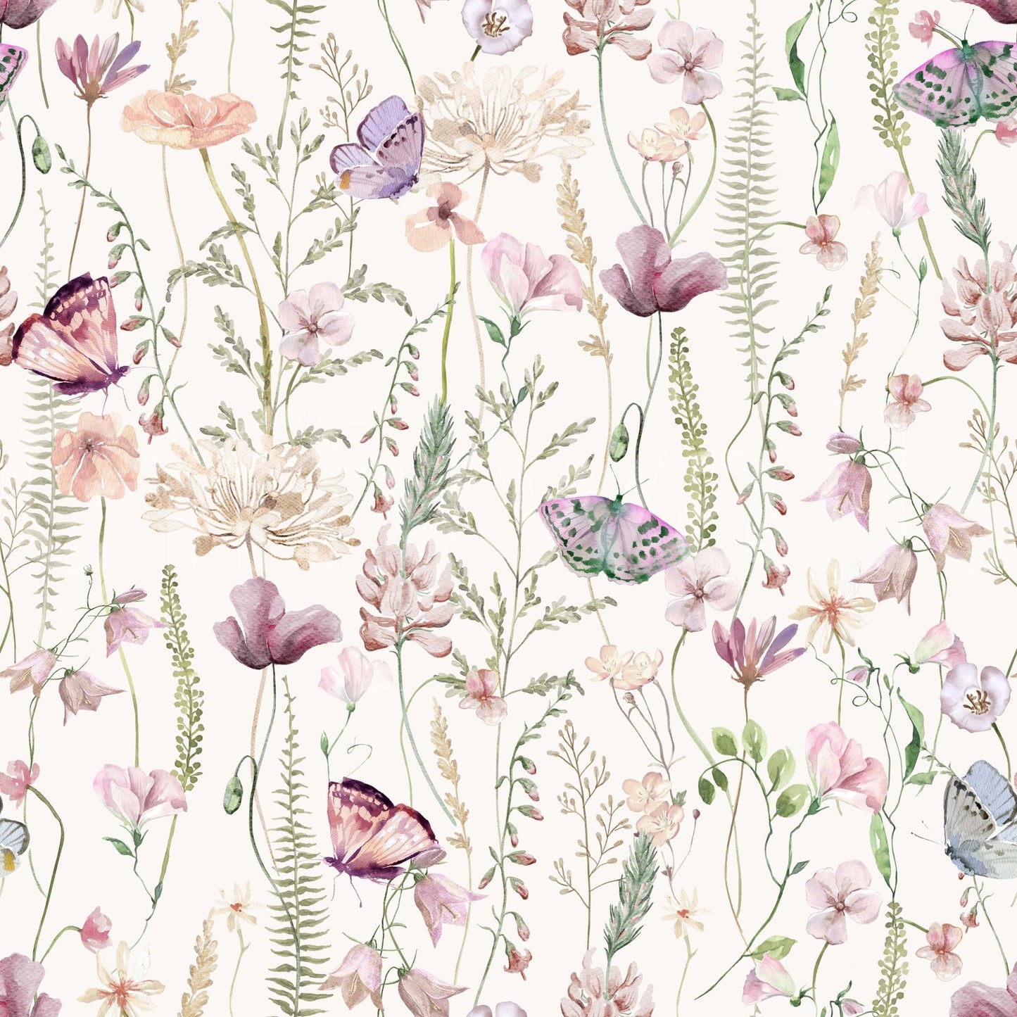 Feminine pink blush floral vine wallpaper Blush Butterfly Meadow.