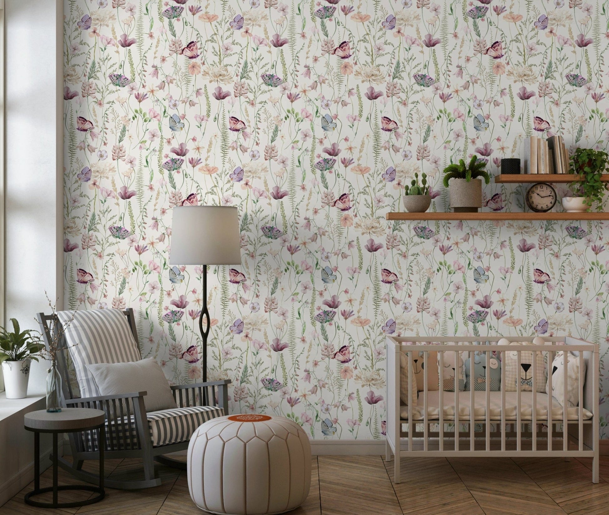 Nature inspired artwork mural paper Blush Butterfly Meadow.