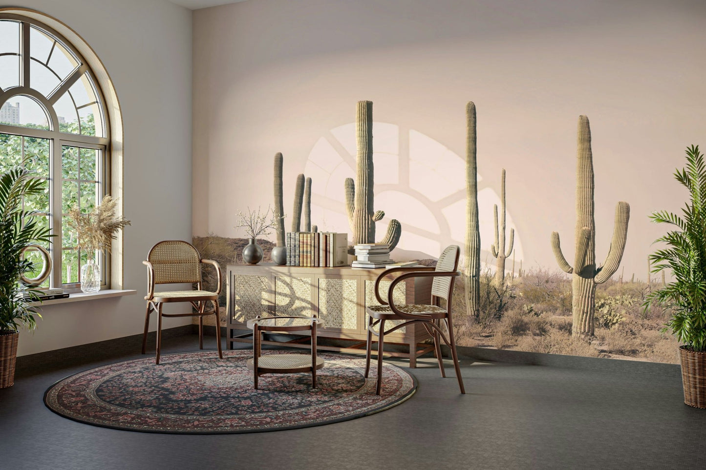 Blush cactus field mural with watercolor textures

