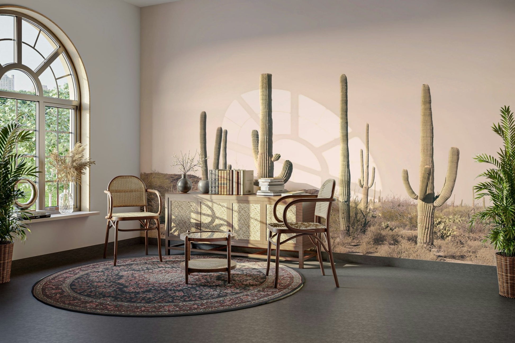 Blush cactus field mural with watercolor textures

