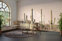 Blush cactus field mural with watercolor textures

