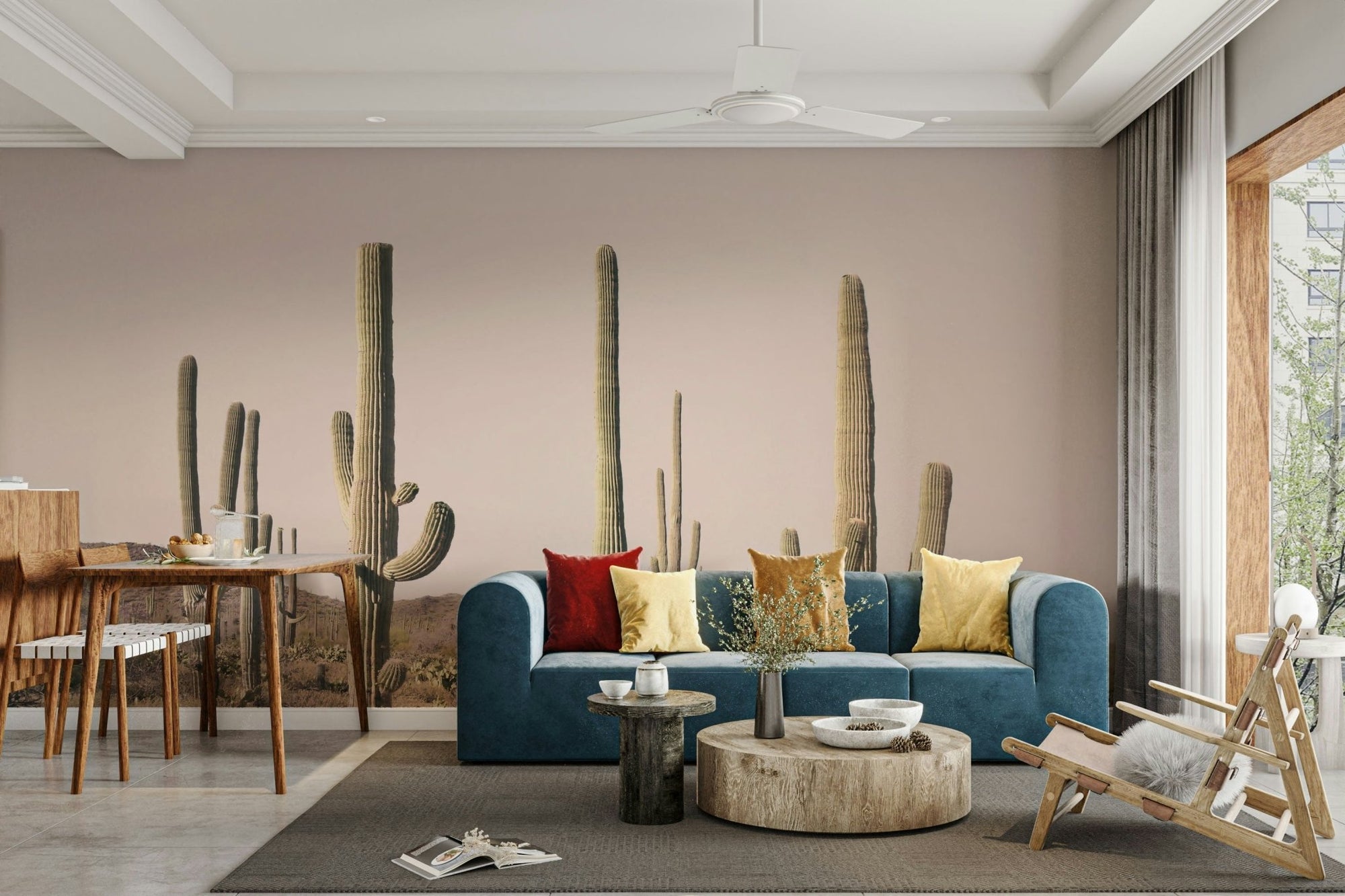 Scenic cactus field mural in blush desert hues, GD1731