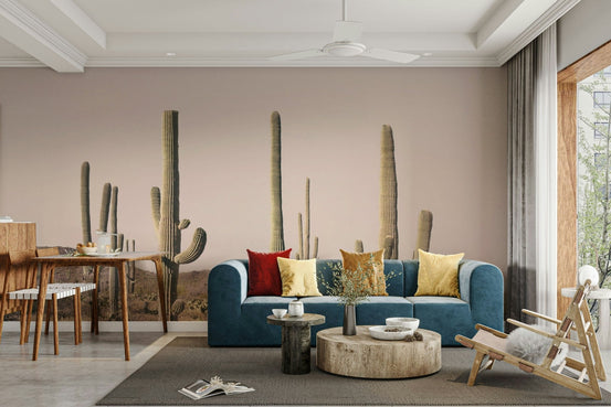Scenic cactus field mural in blush desert hues, GD1731