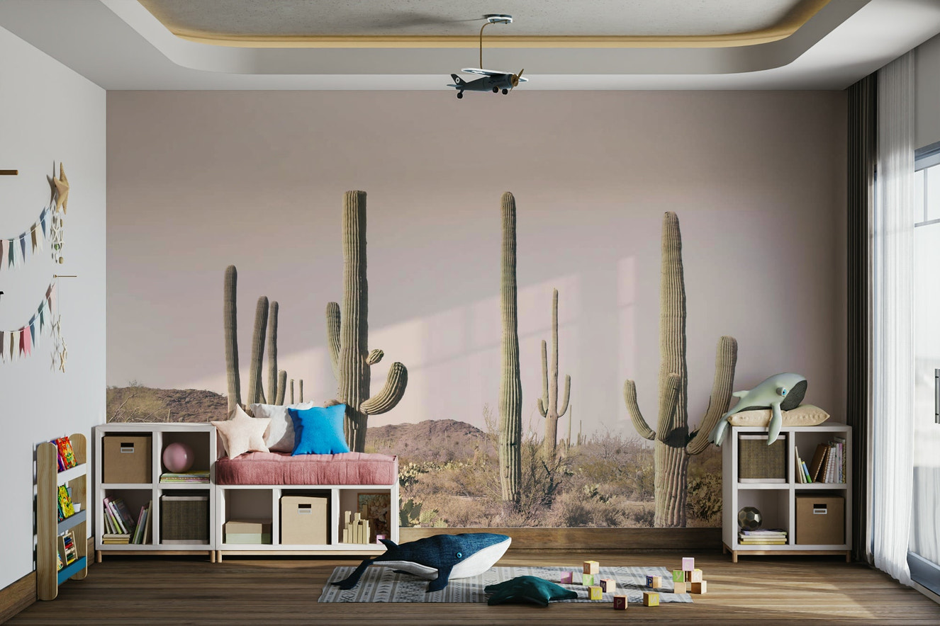 Blush cactus field wall mural with soft pink tones

