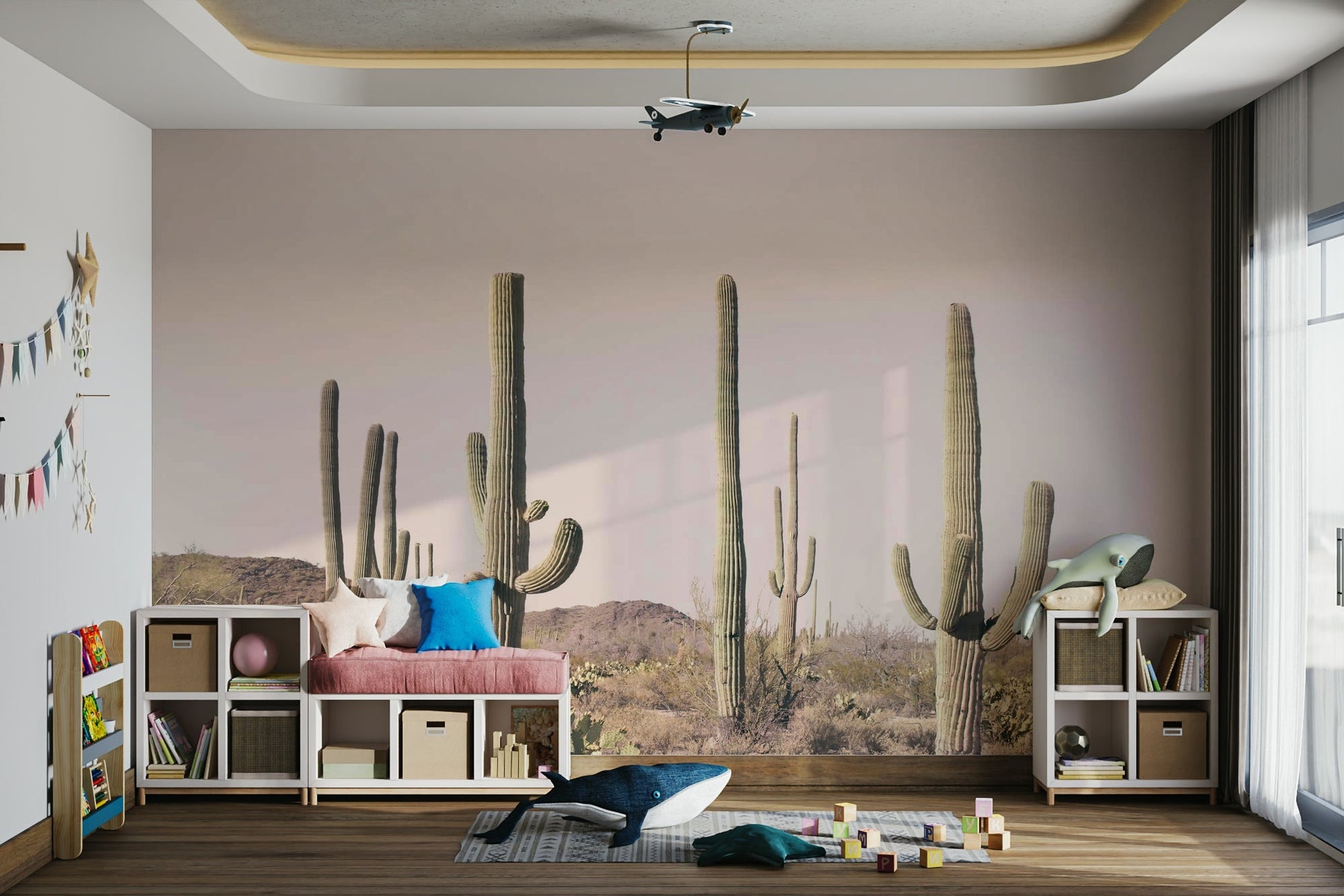 Blush cactus field wall mural with soft pink tones

