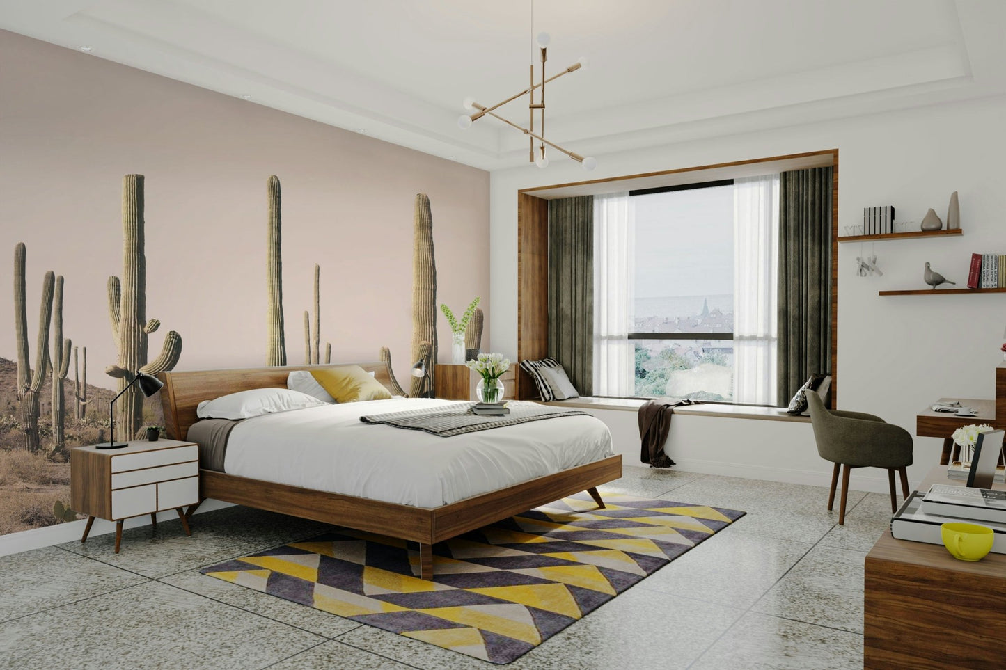 Blush-toned cactus mural featuring a wide field view

