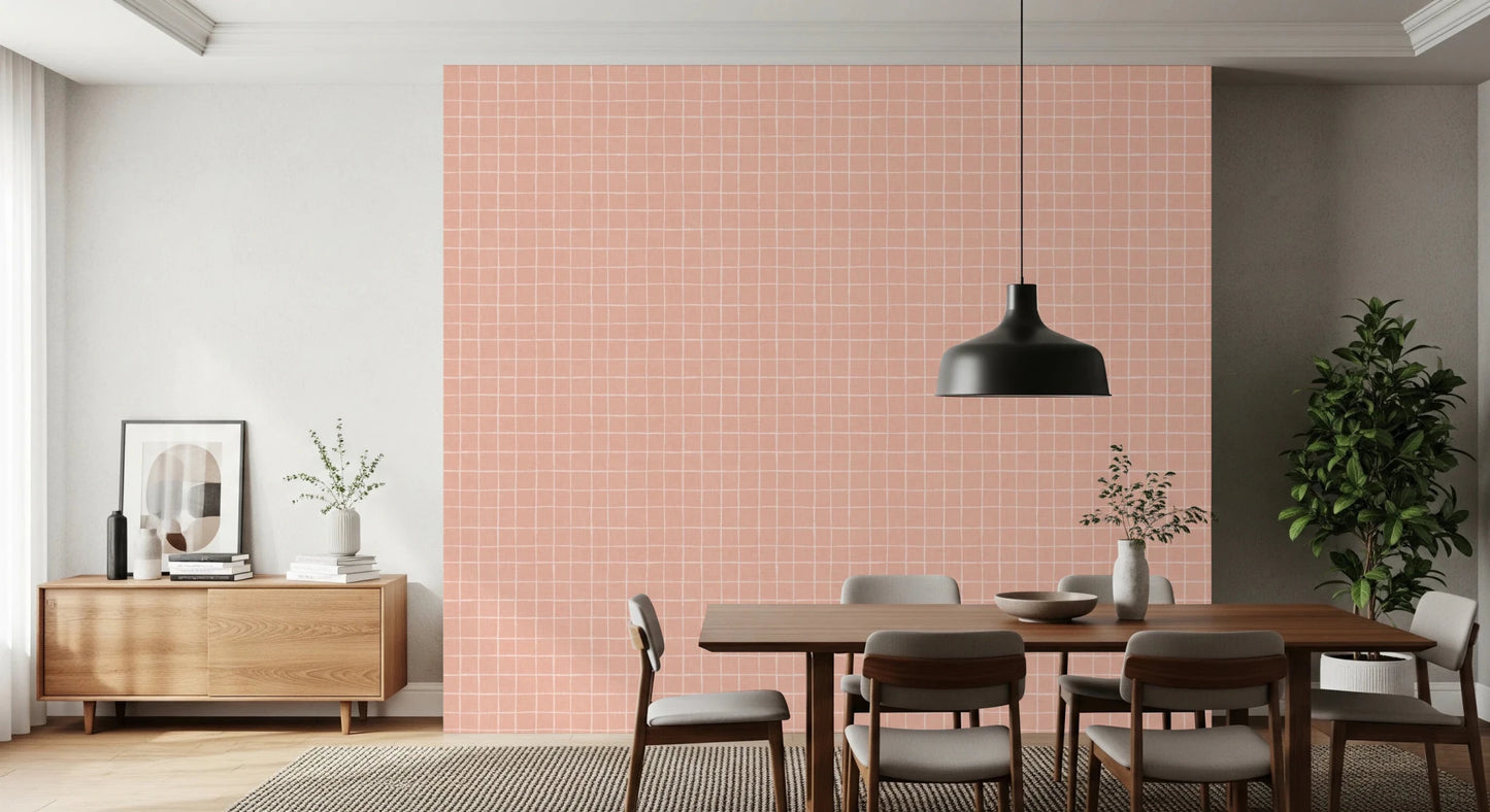 Warm pink textured check wallpaper with fine lines.