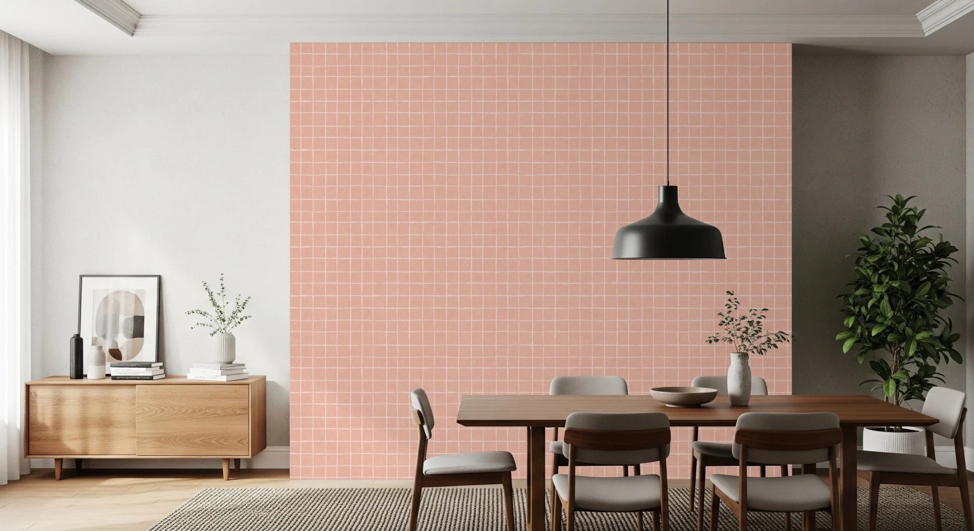 Warm pink textured check wallpaper with fine lines.