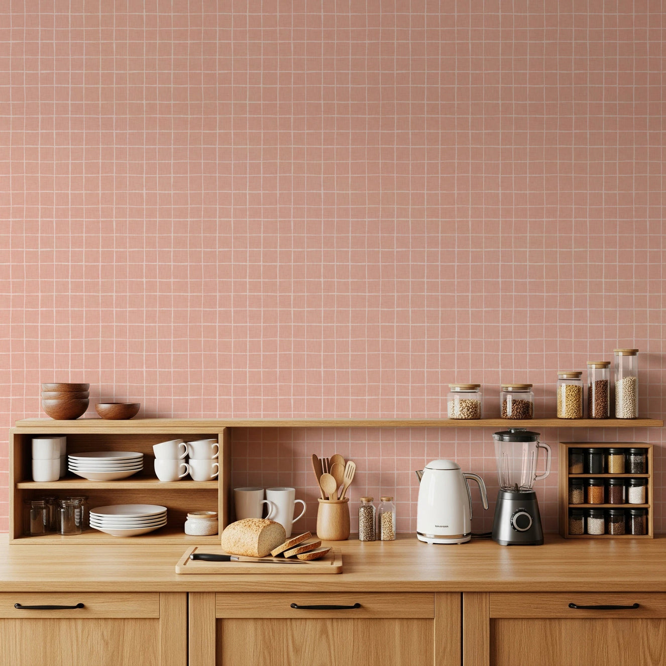 Blush pink check wallpaper with hand-drawn lines.