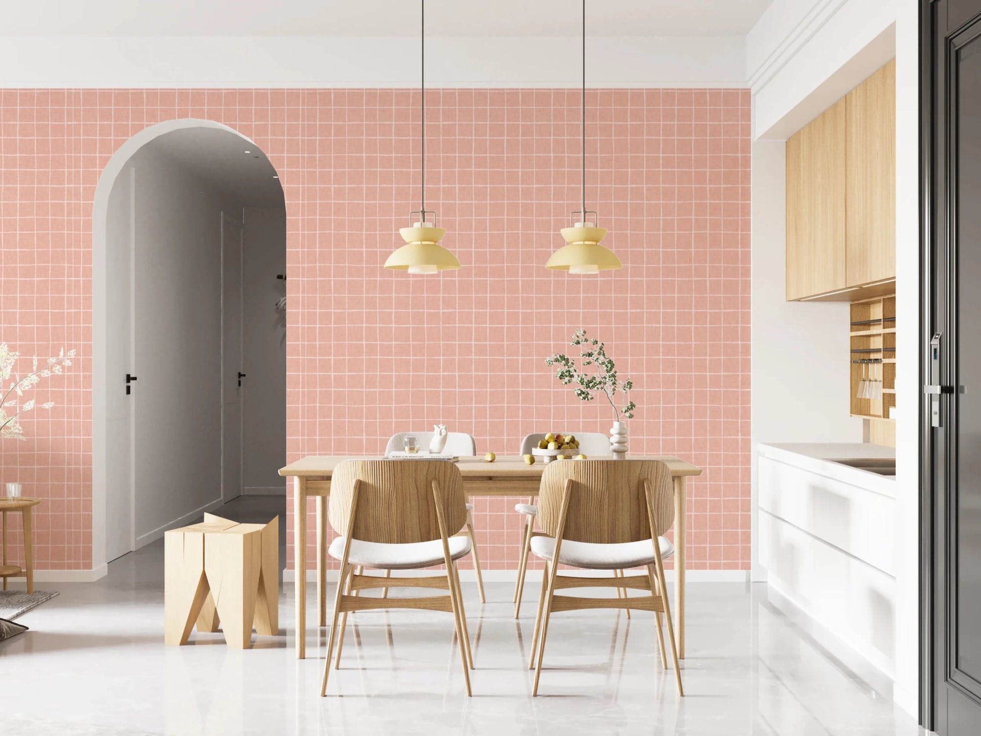 Soft peach pink grid pattern for wall surfaces.