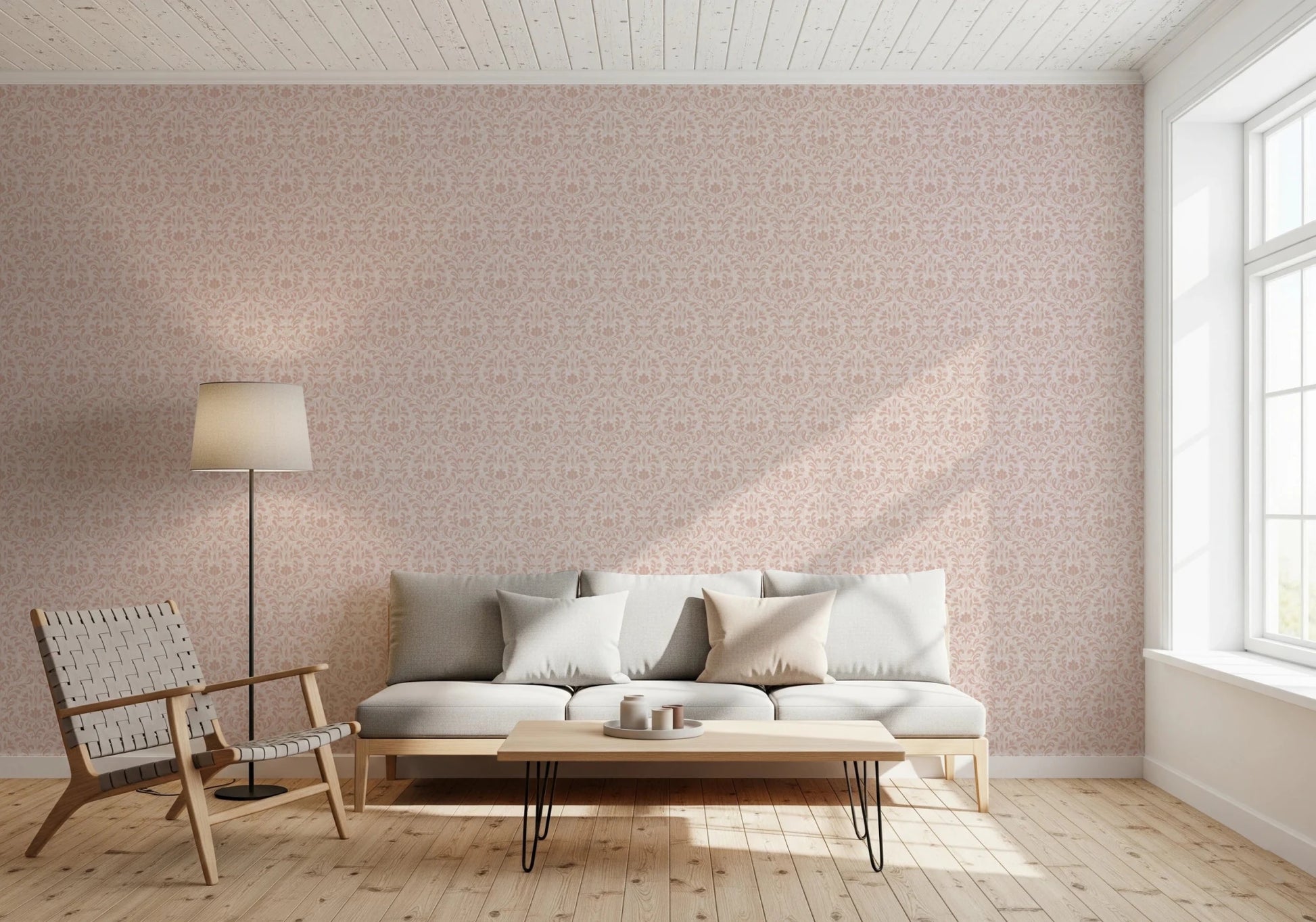 Soft rose tones in a damask wallpaper for nursery decor