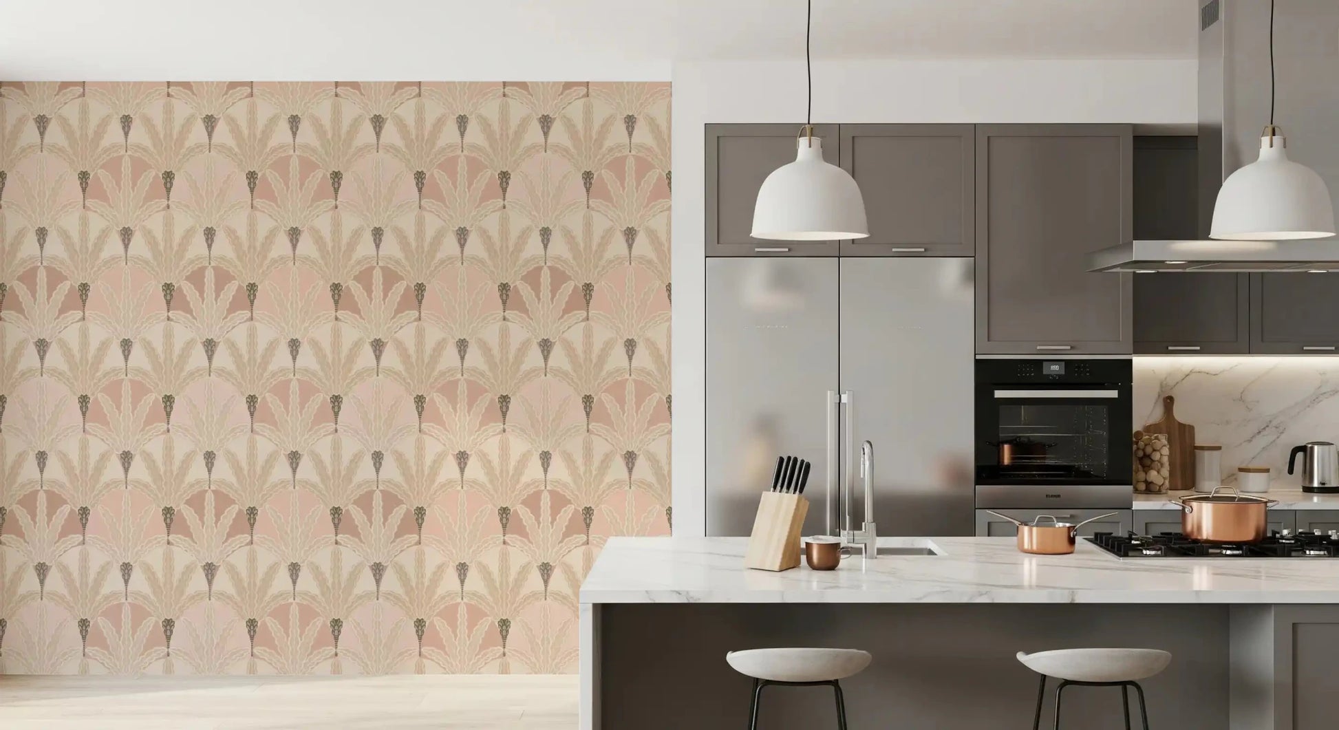 Soft blush wallpaper featuring Blush Deco Foliage botanical detailing