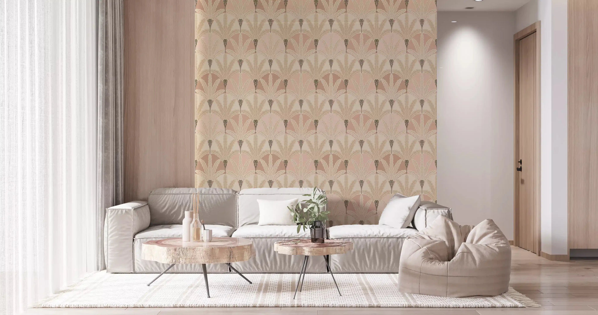 Hallway space with Blush Deco Foliage wallpaper in blush and beige tones