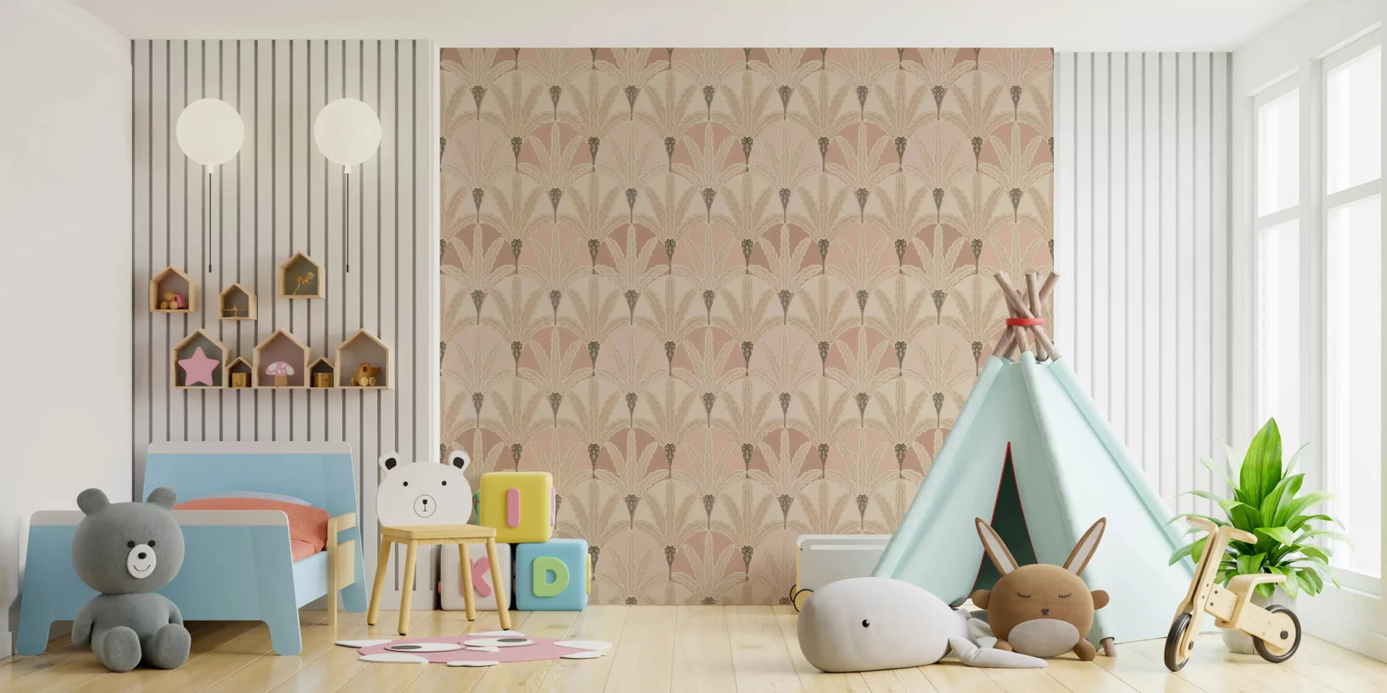 Kids room setup using Blush Deco Foliage wallpaper with structured foliage