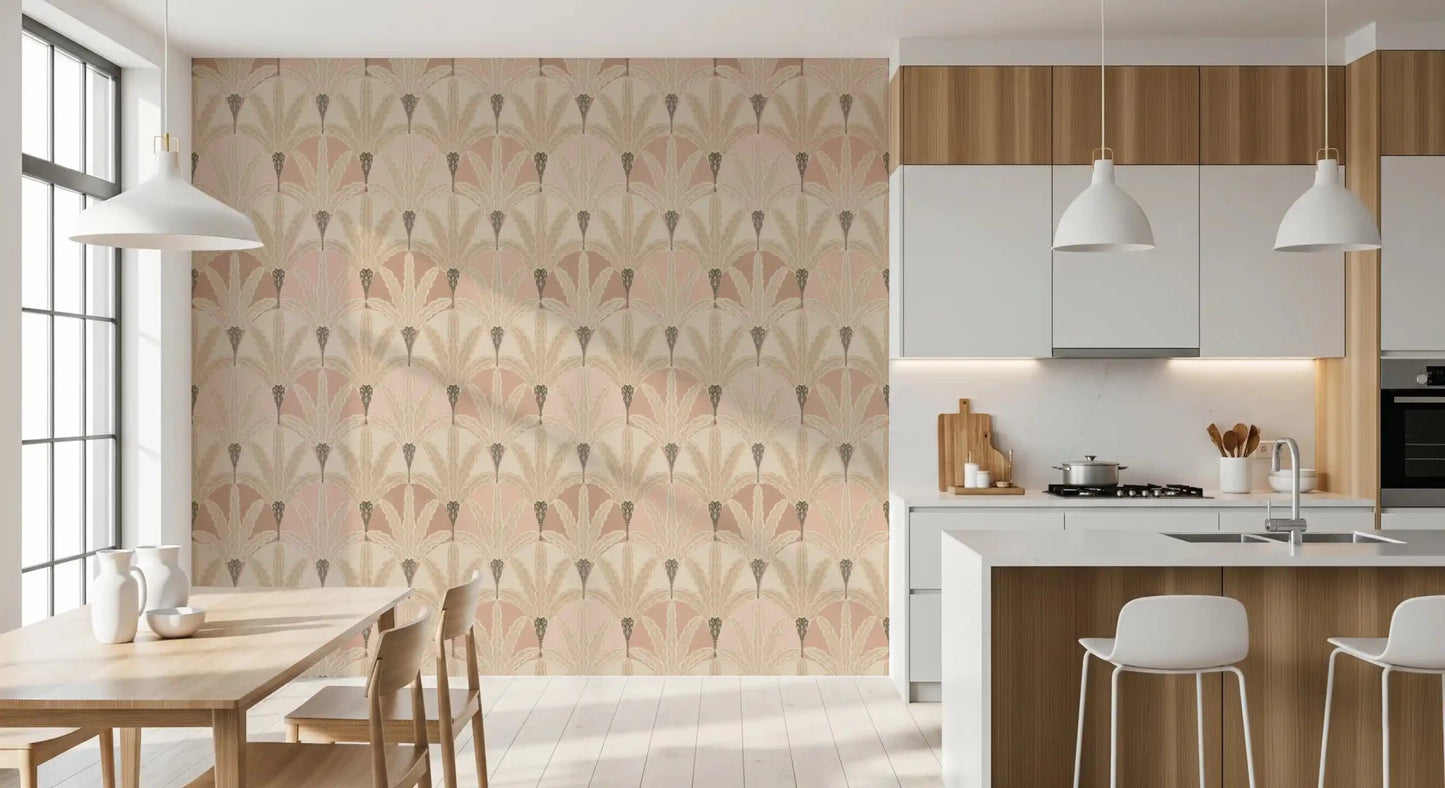Blush Deco Foliage wallpaper showing symmetrical leaf pattern and soft hues