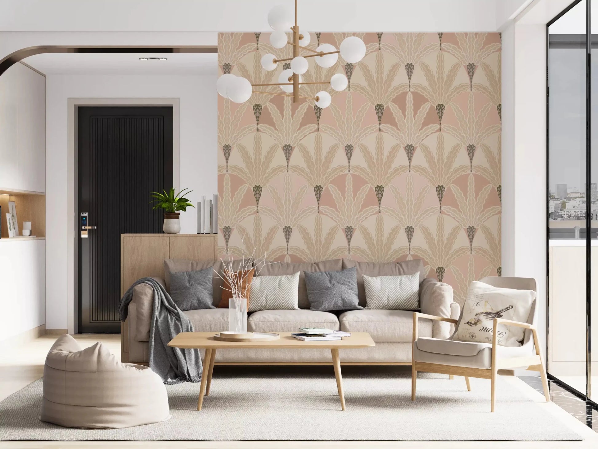 Living room styled with Blush Deco Foliage wallpaper in beige botanical pattern