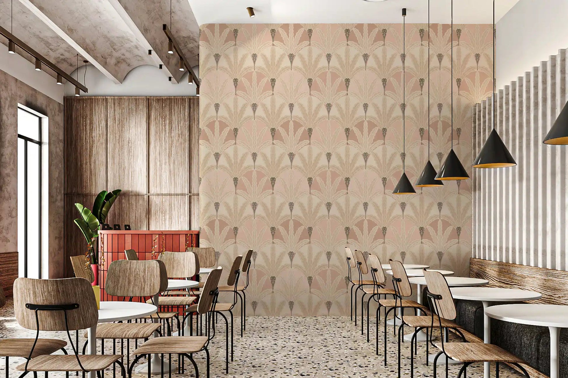 Blush Deco Foliage wallpaper with repeating leaf motifs in soft beige tones