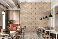 Blush Deco Foliage wallpaper with repeating leaf motifs in soft beige tones