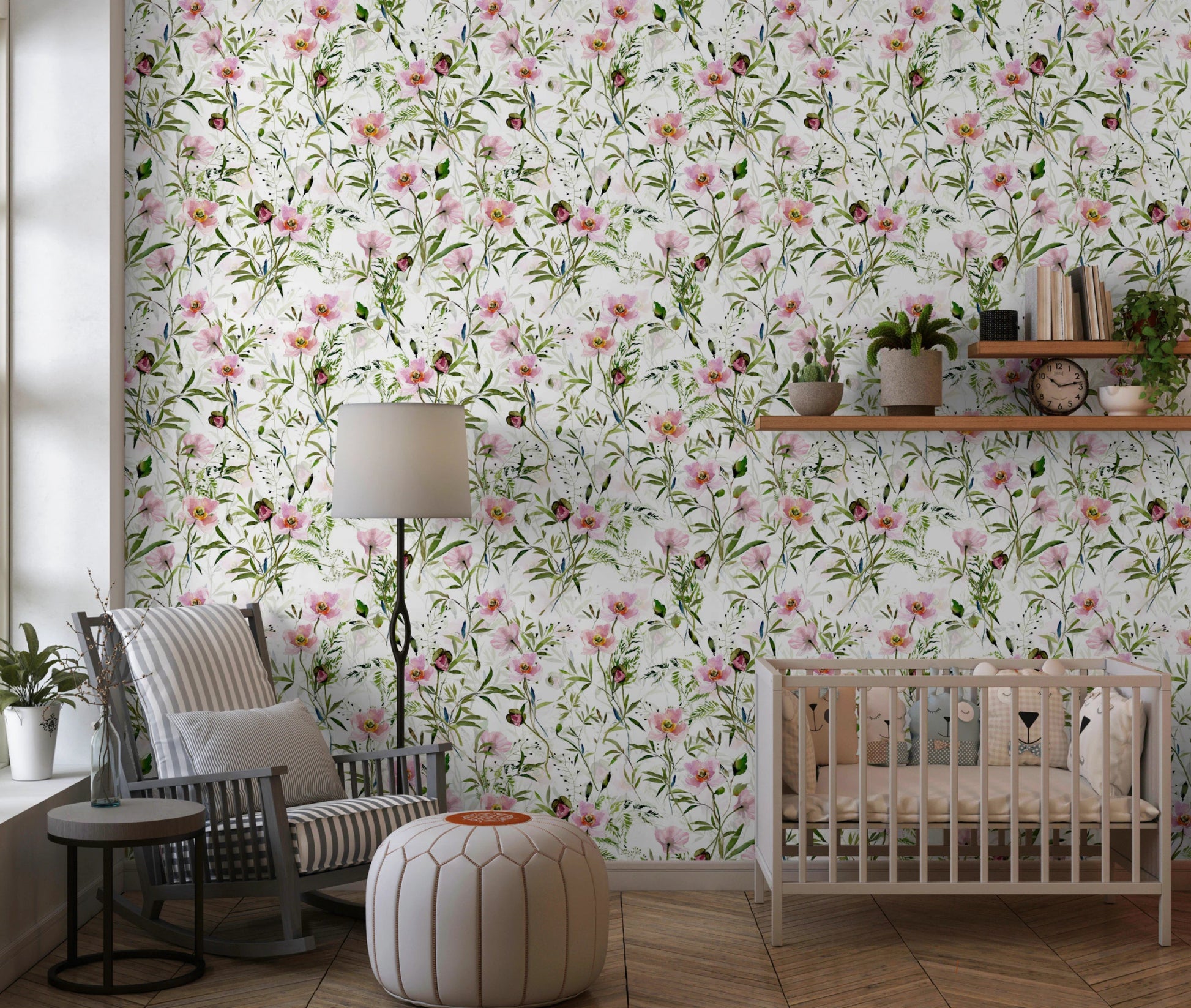 Pink floral pattern wallpaper with green leaves