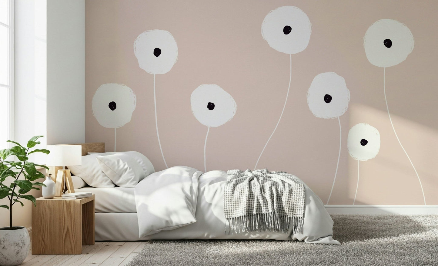A peaceful flower design mural on decorative wallpaper.

