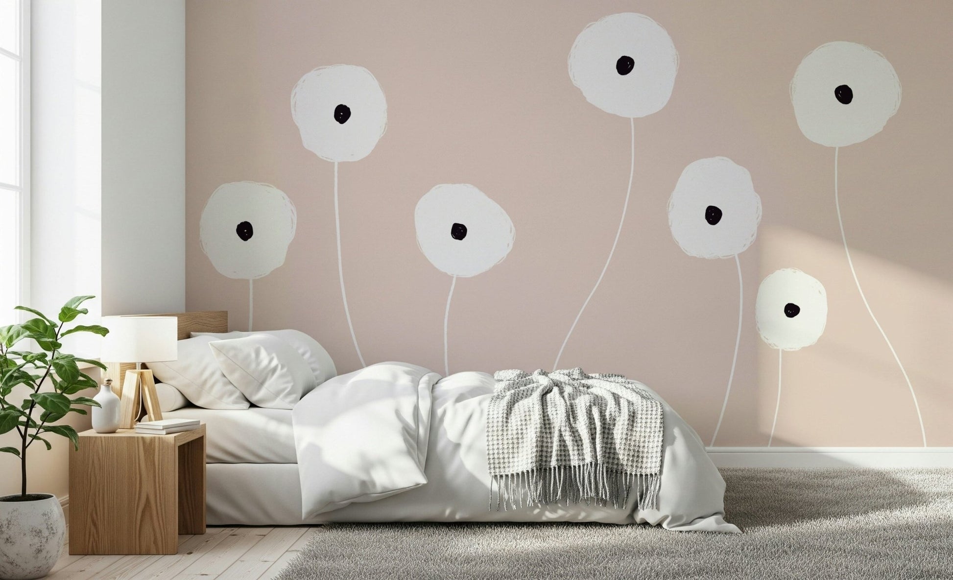 A peaceful flower design mural on decorative wallpaper.

