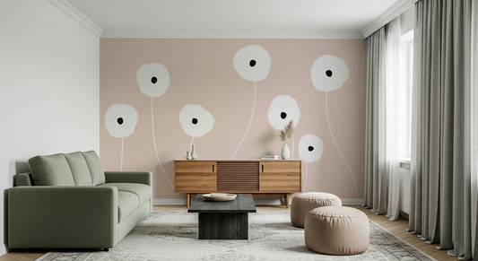 A beautiful subtle floral wallpaper mural in blush pink and white.

