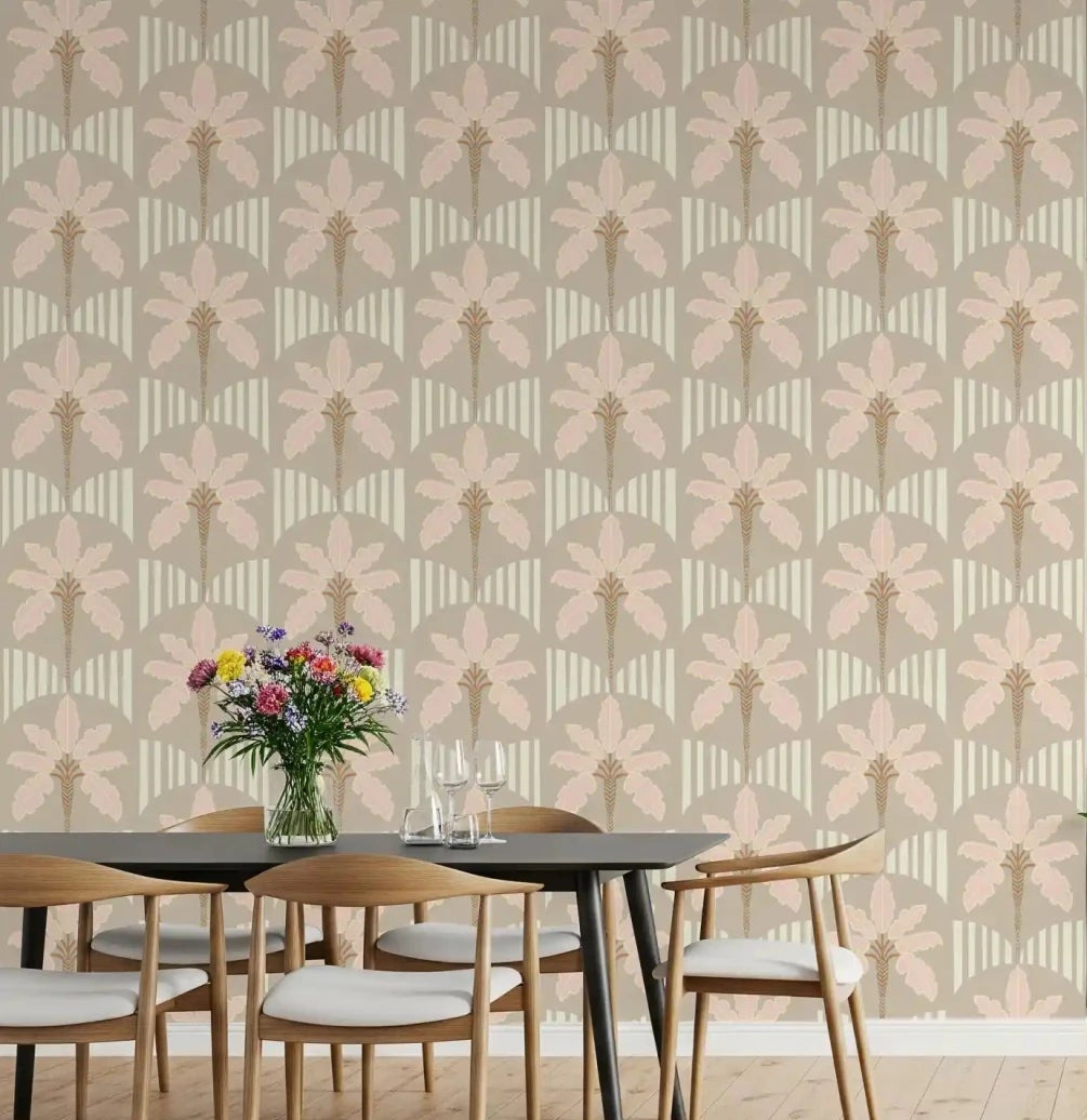 Dining room set against a feature wall in Blush Fronds and Stripes wallpaper
