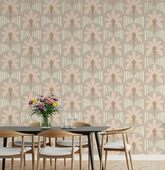 Dining room set against a feature wall in Blush Fronds and Stripes wallpaper, GD9085