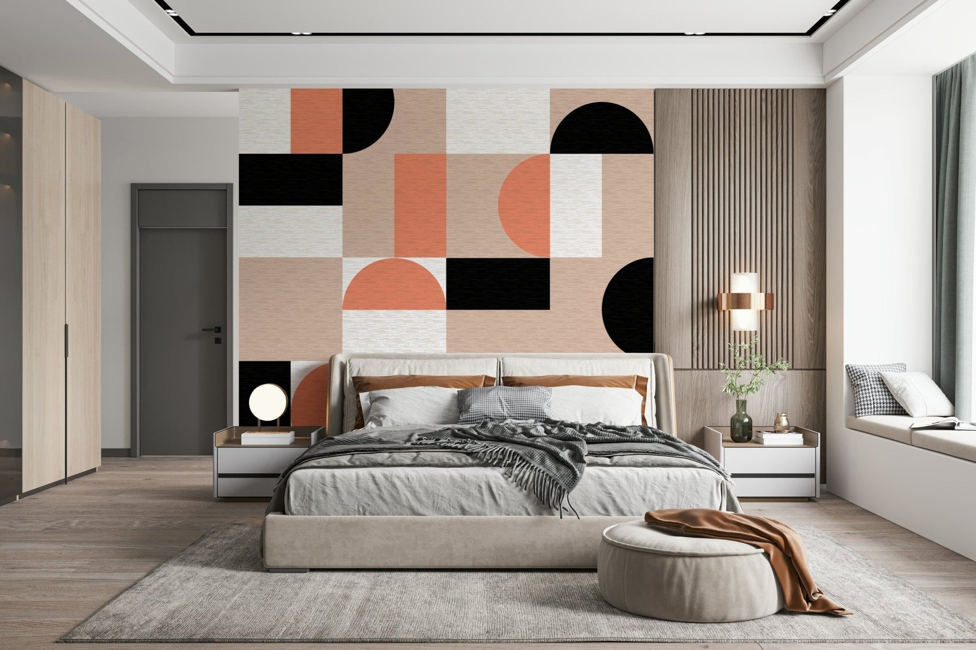 The soft pink and gold tones of the Blush Geometry Wall Mural pattern.