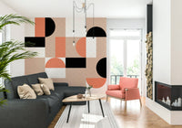 Modern living room featuring the Blush Geometry Wall Mural.
