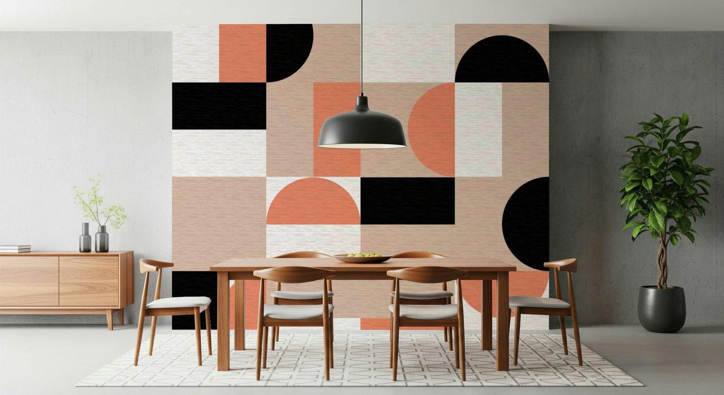 Blush Geometry Wall Mural brightening a minimalist home office space.