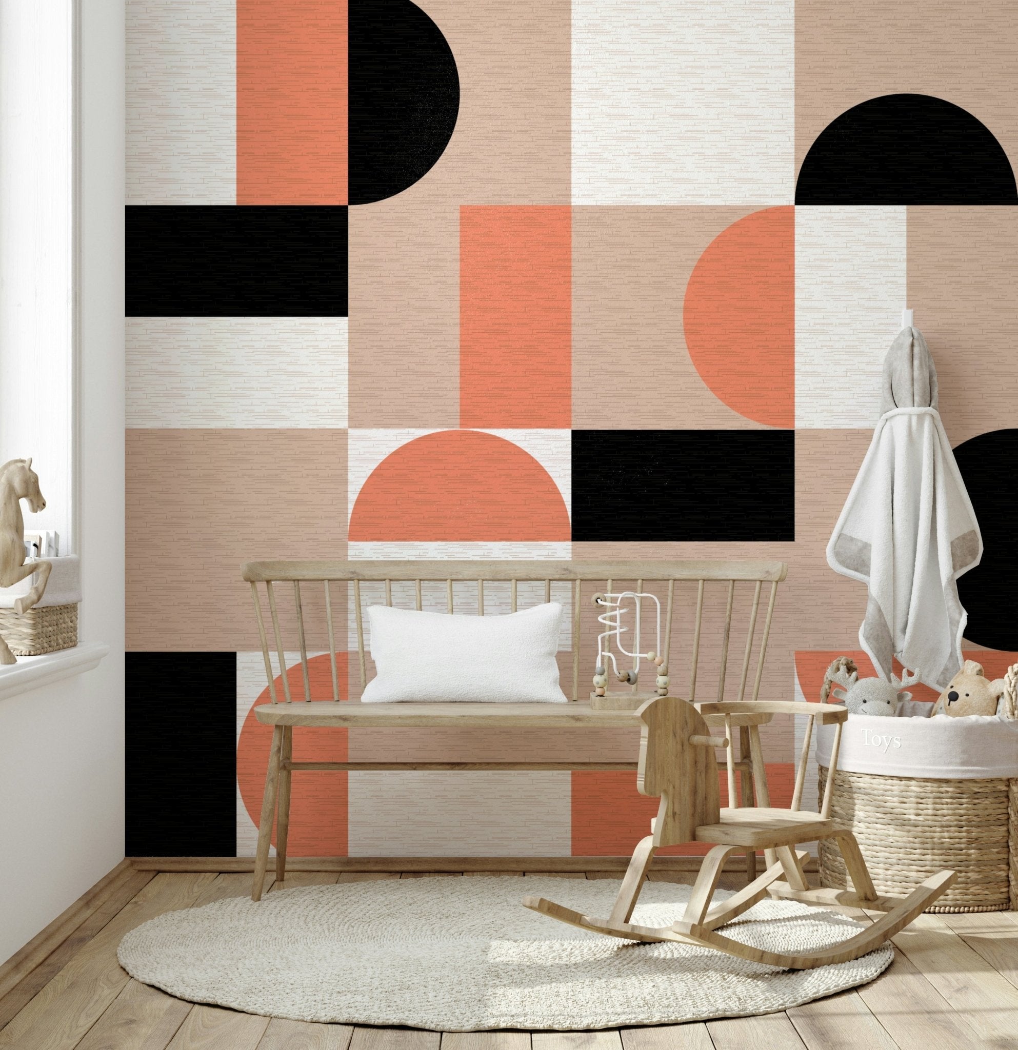Blush Geometry Wall Mural accent in a bright dining area., GD6355