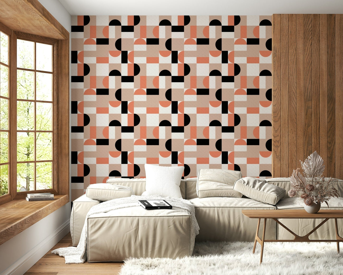 Bold black and peach shapes on textured background.