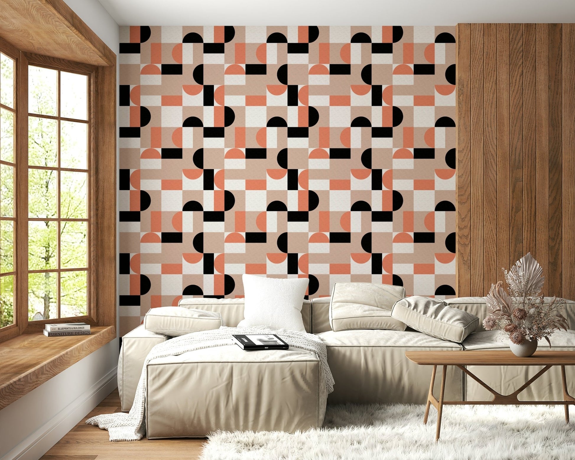 Bold black and peach shapes on textured background.