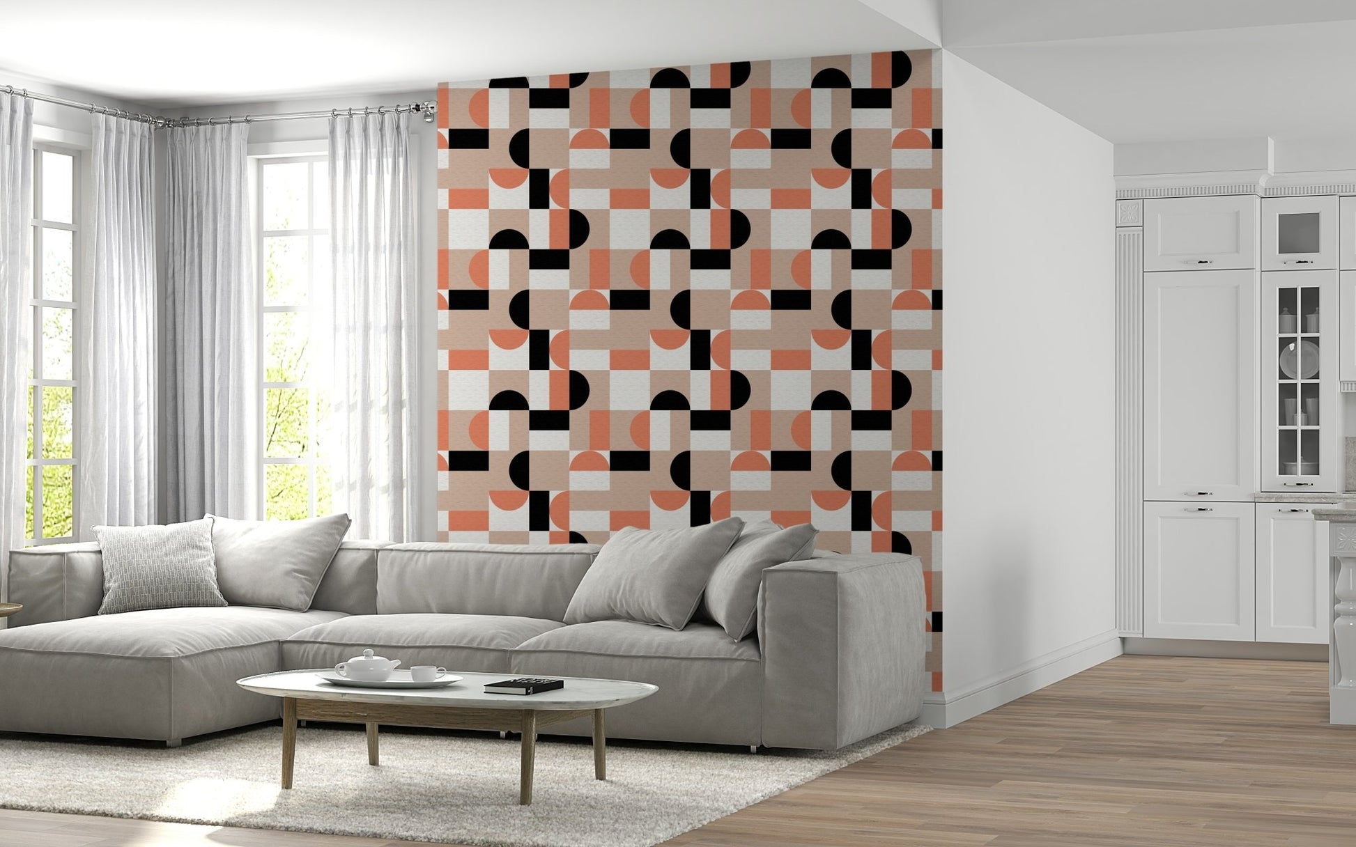 Modern pattern with peach circles and rectangles.