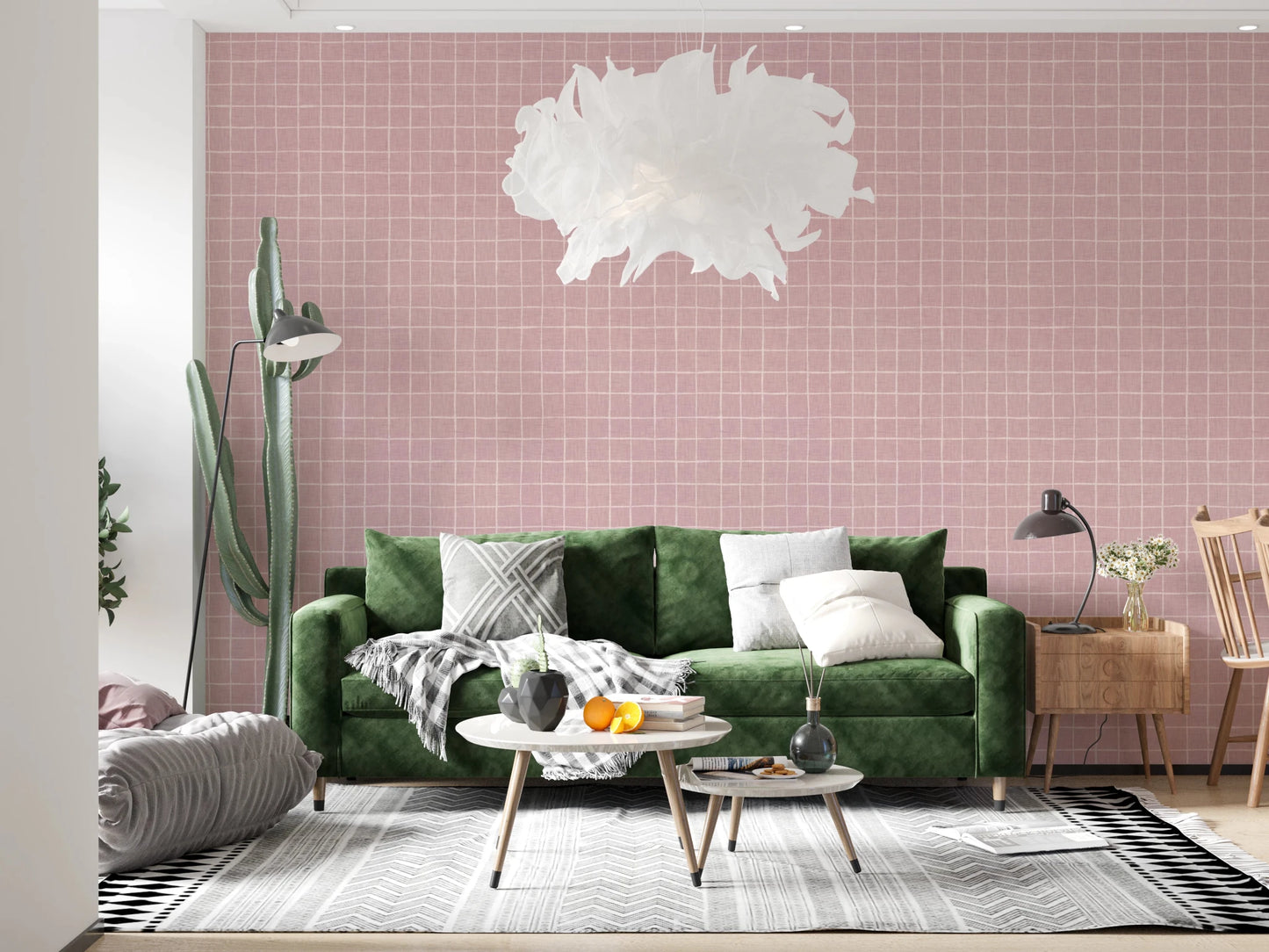 Soft rose textured grid print for wall surfaces.