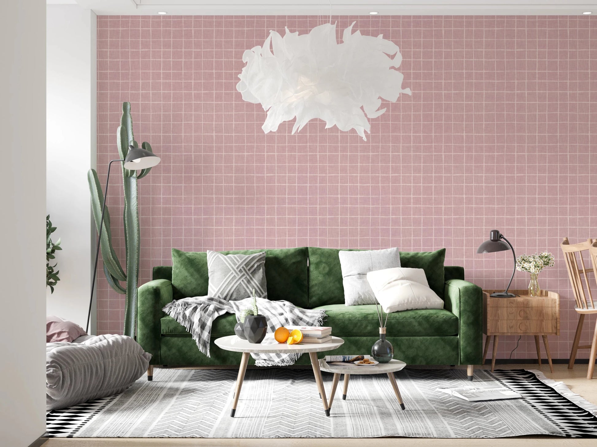 Soft rose textured grid print for wall surfaces.