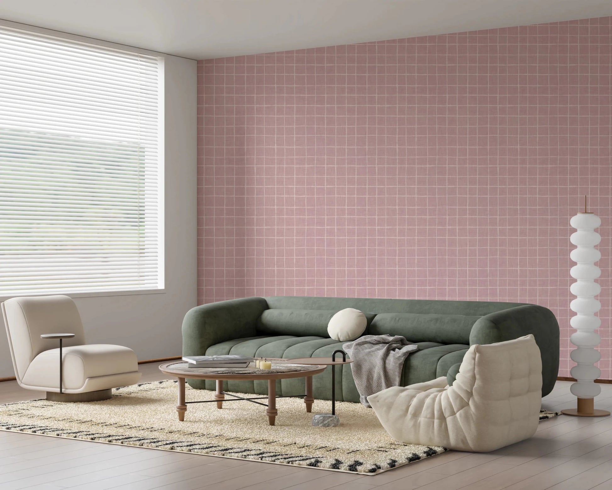 Aesthetic pink linen grid wallpaper with matte finish.