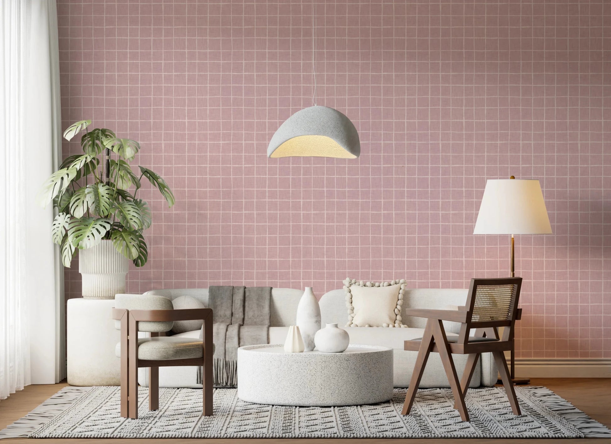 Blush linen texture with thin white grid lines.
