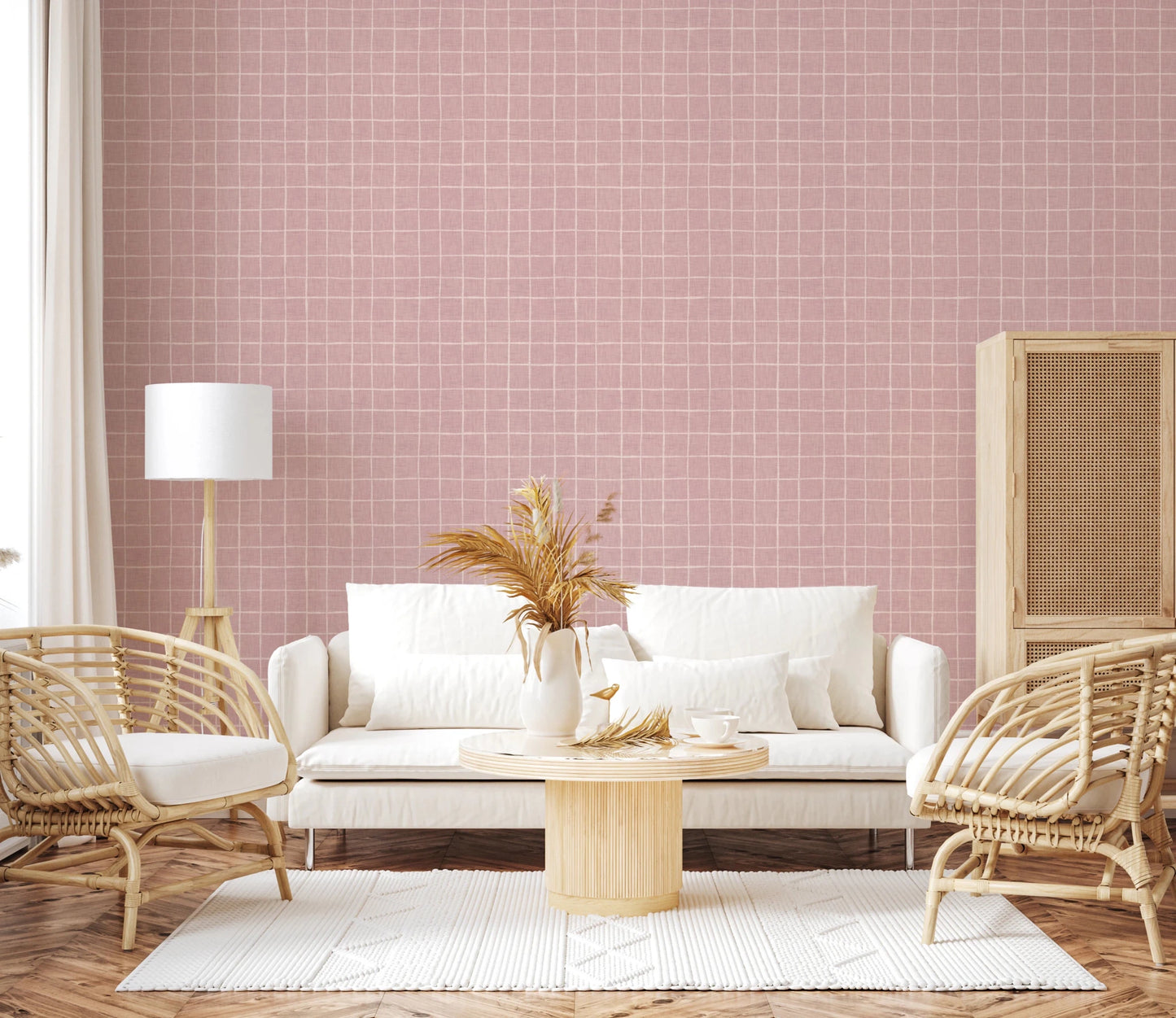 Blush pink textured grid wallpaper with woven effect.