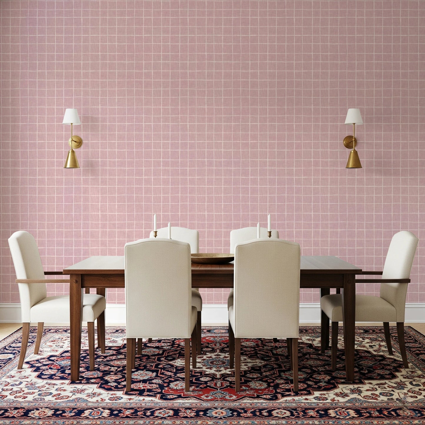 Pastel pink linen check wallpaper for interiors.