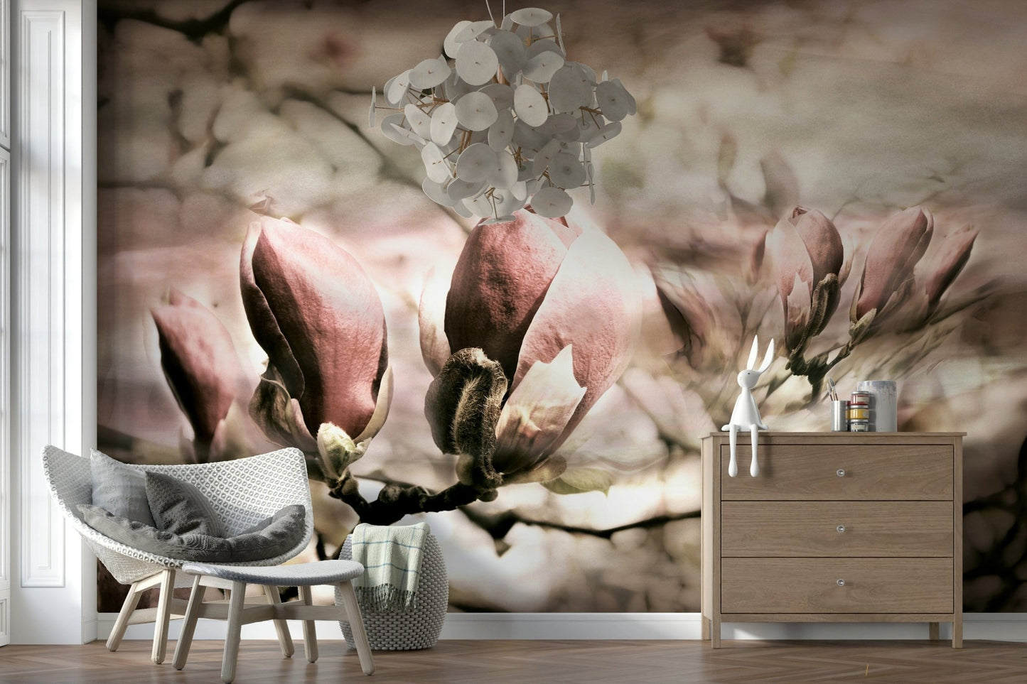 A peaceful flower design mural on decorative wallpaper.