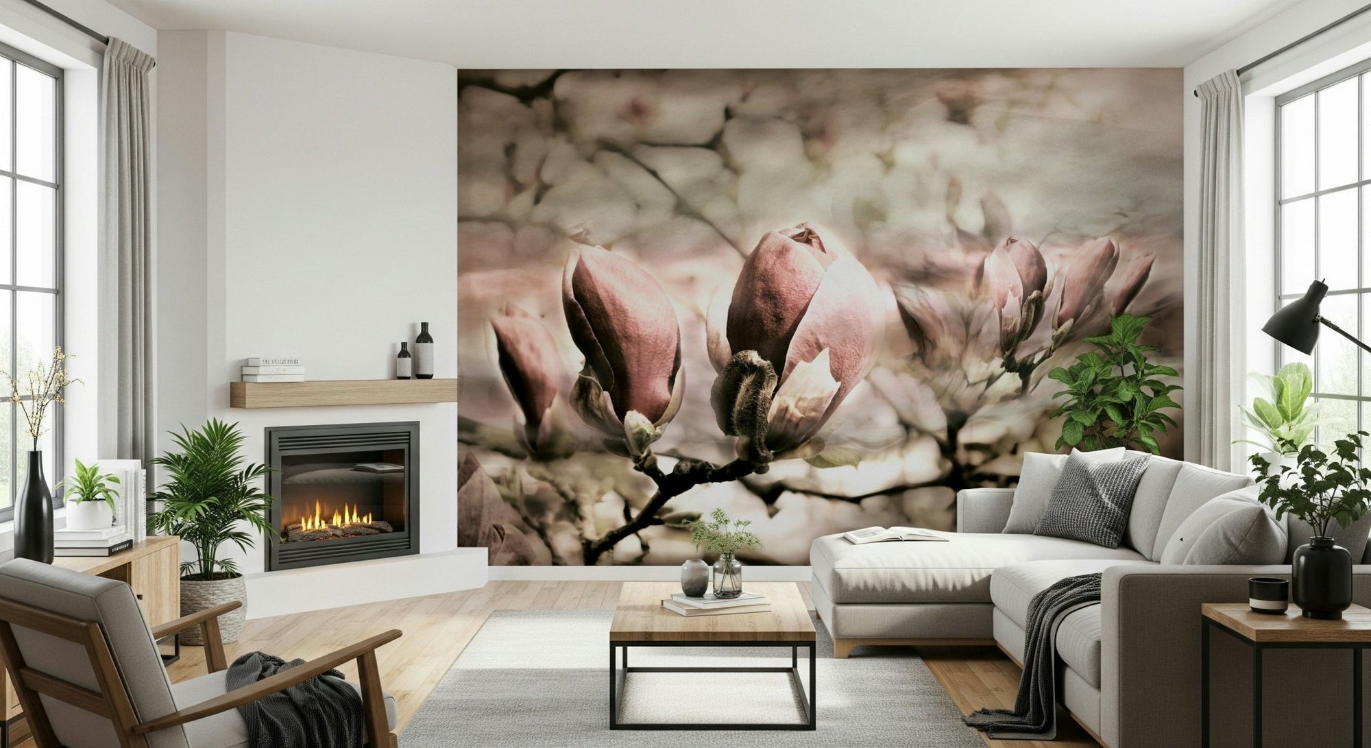 A beautiful subtle magnolia wallpaper mural in blush pink tones., GD5278
