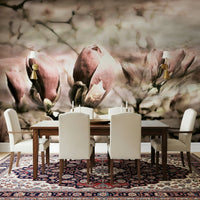 A graceful subtle bloom wall mural in soft, elegant tones.