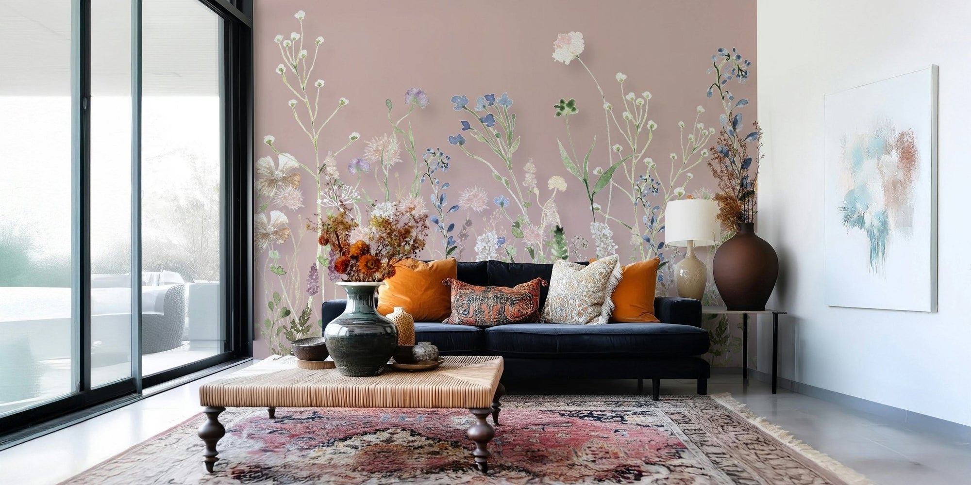 Blush Meadow Blooms Wall Mural repeating delicate wildflowers., GD6492